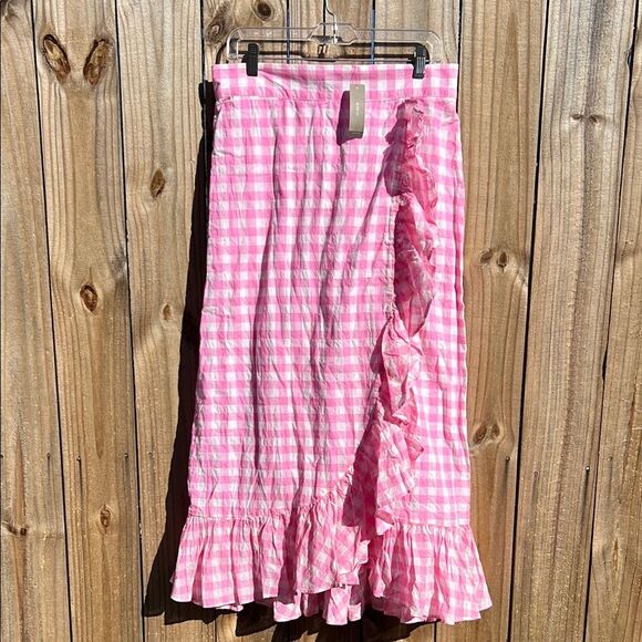 J. Crew Pink White Long Plaid Picnic Asymmetrical Skirt Stretch Waistband NWT - Picture 1 of 14